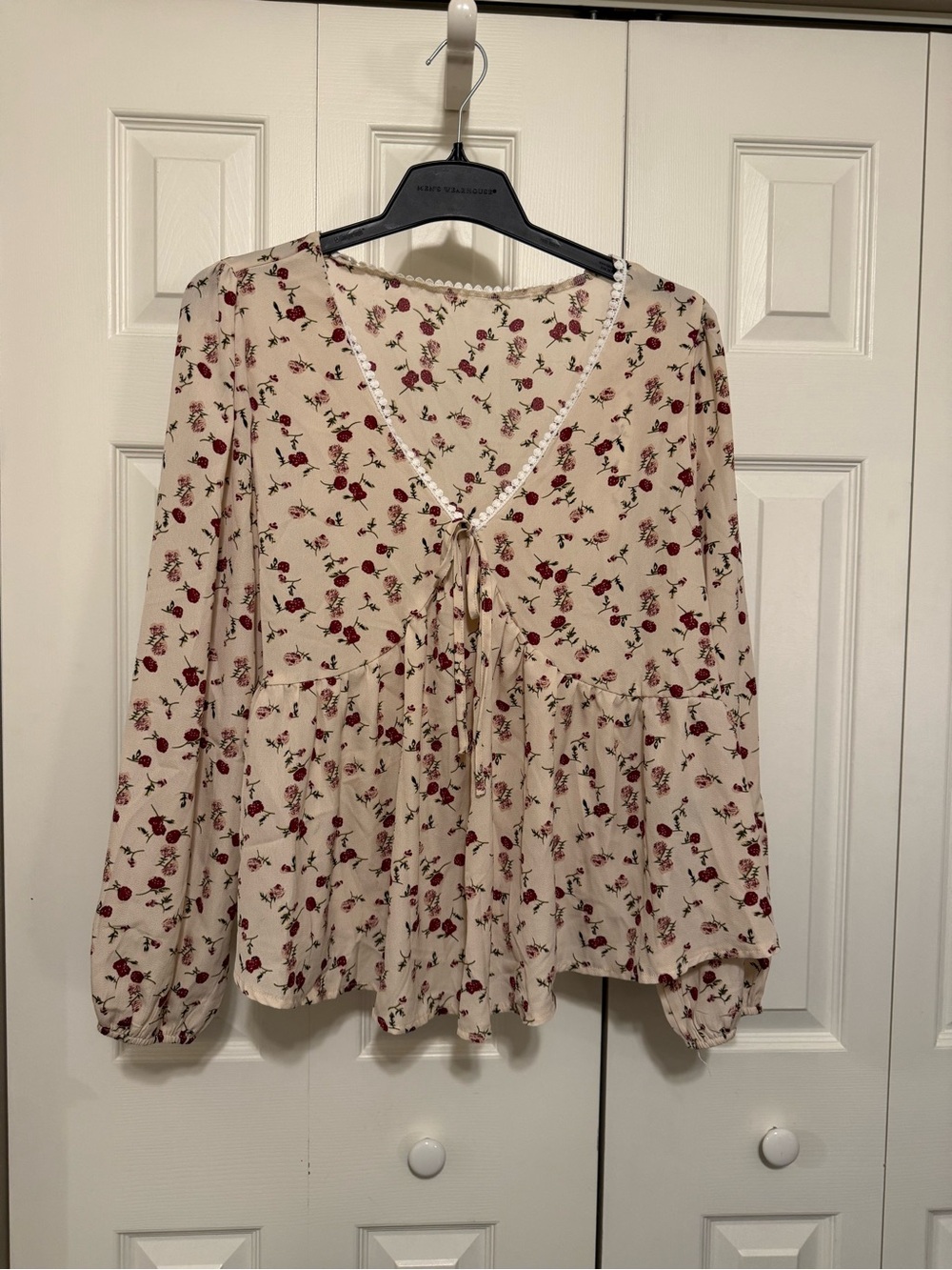 SHEIN Cream Blouse with Red Rose Print and Tie Front